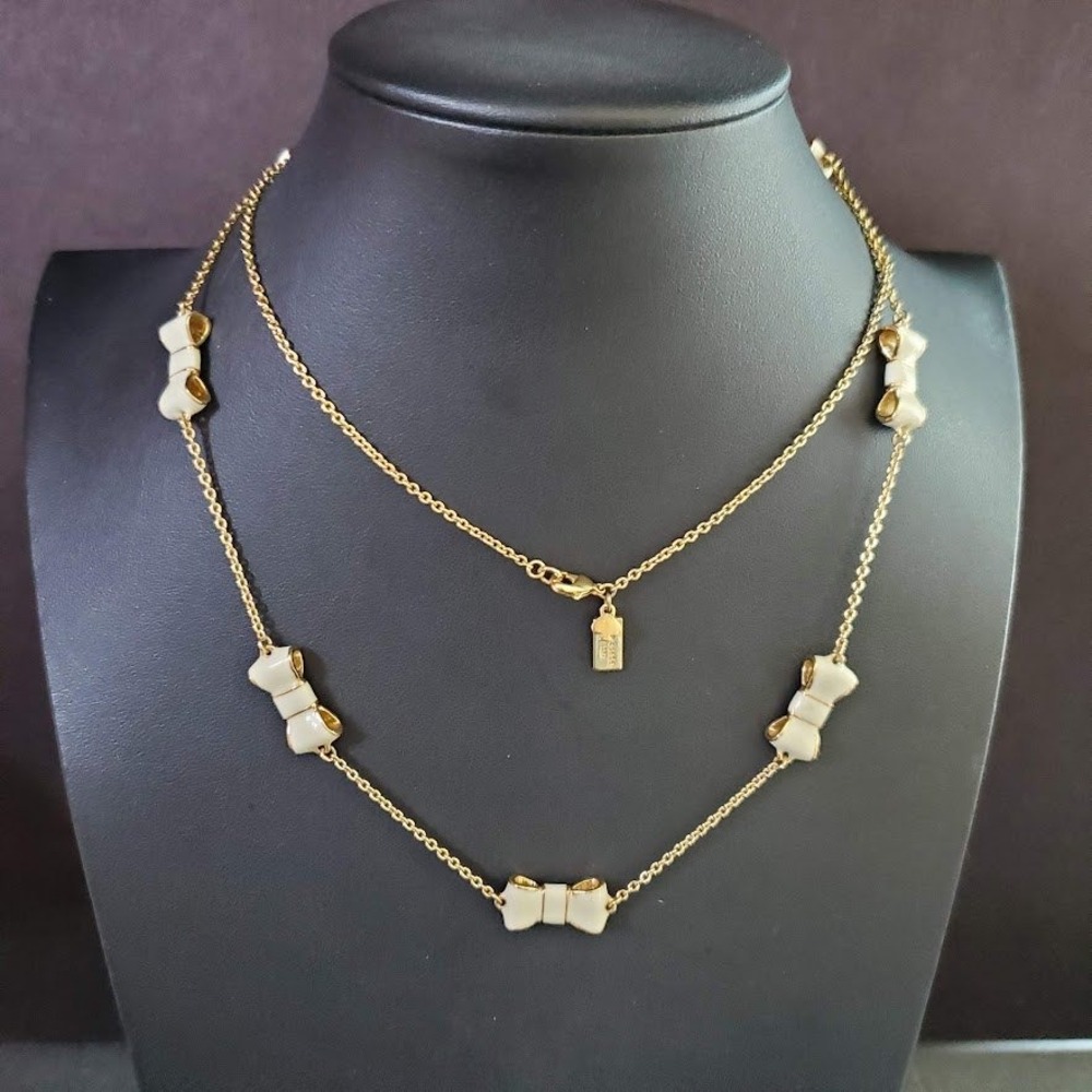 Kate Spade New York Take a Bow Long Scatter Necklace Cream Enamel Gold Plate